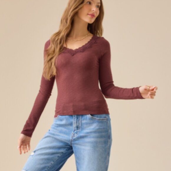 Altar'd State Long Sleeve Brown Victoria Lace Ribbed Top - Picture 1 of 4